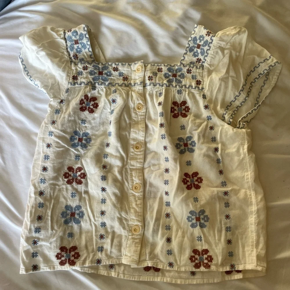 Madewell Cream Top with Blue and Rust Embroidery - Picture 3 of 3